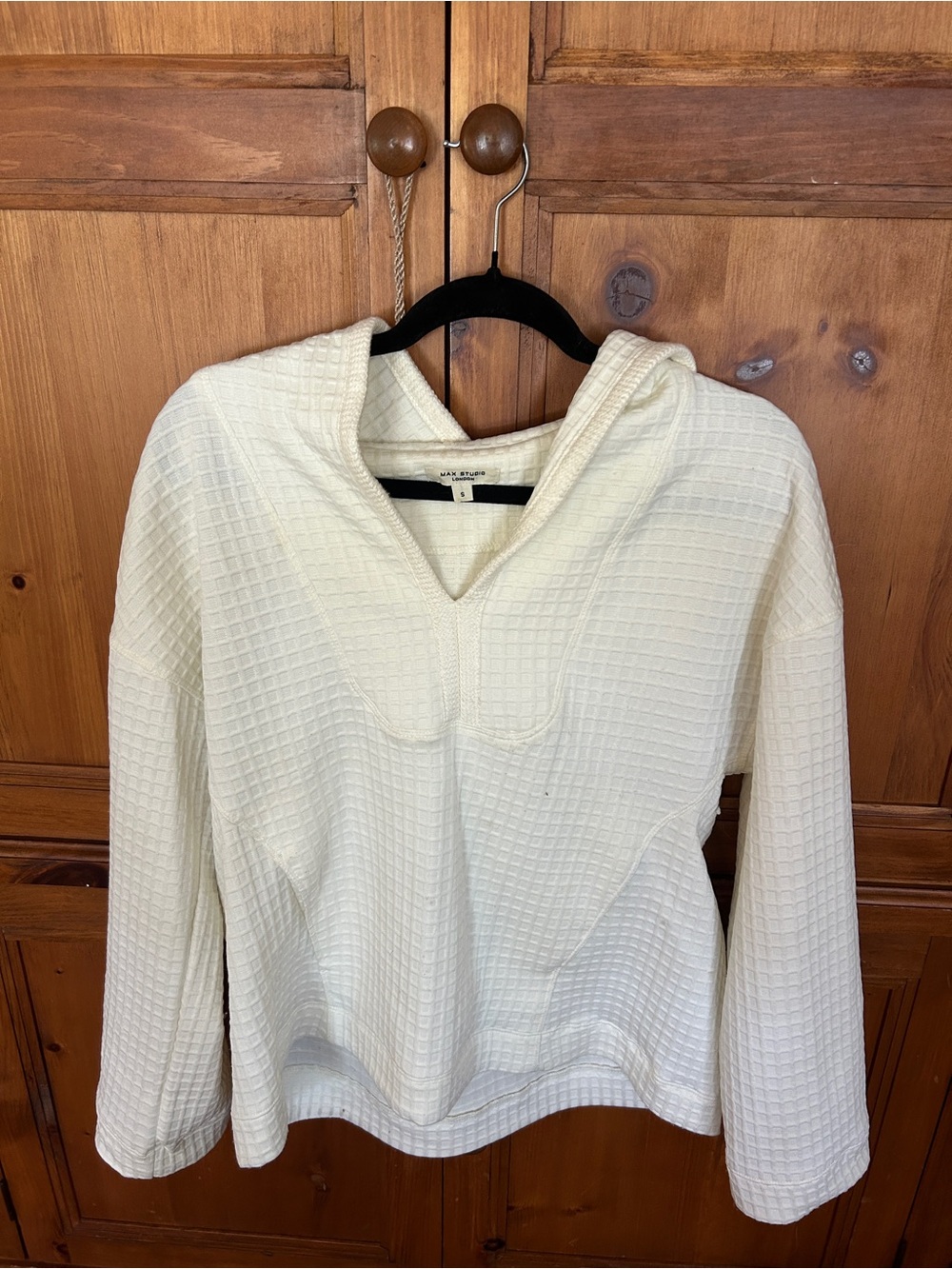 Max Studio Ivory Waffle Knit Hooded Pullover